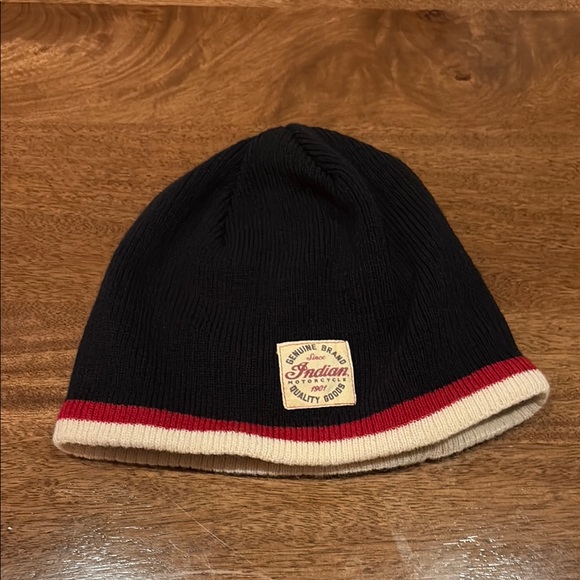 Indian Motorcycle Black Beanie with Red and Cream Stripes - Picture 1 of 5